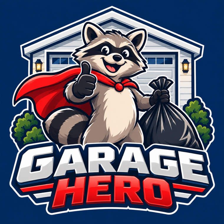 Garage Hero logo: superhero raccoon